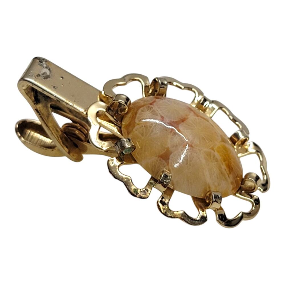 Vintage Fossil Coral Tie Clip Gold Tone Retro Mid Century Mens Suit Clasp Bar
